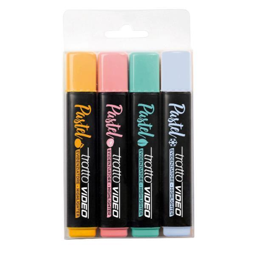 TRATTO VIDEO PASTEL COCKTAIL EVIDENZIATORE PUNTA A SCALPELLO 1/5 mm COLORI ASSORTITI CONF 4 Pz.
